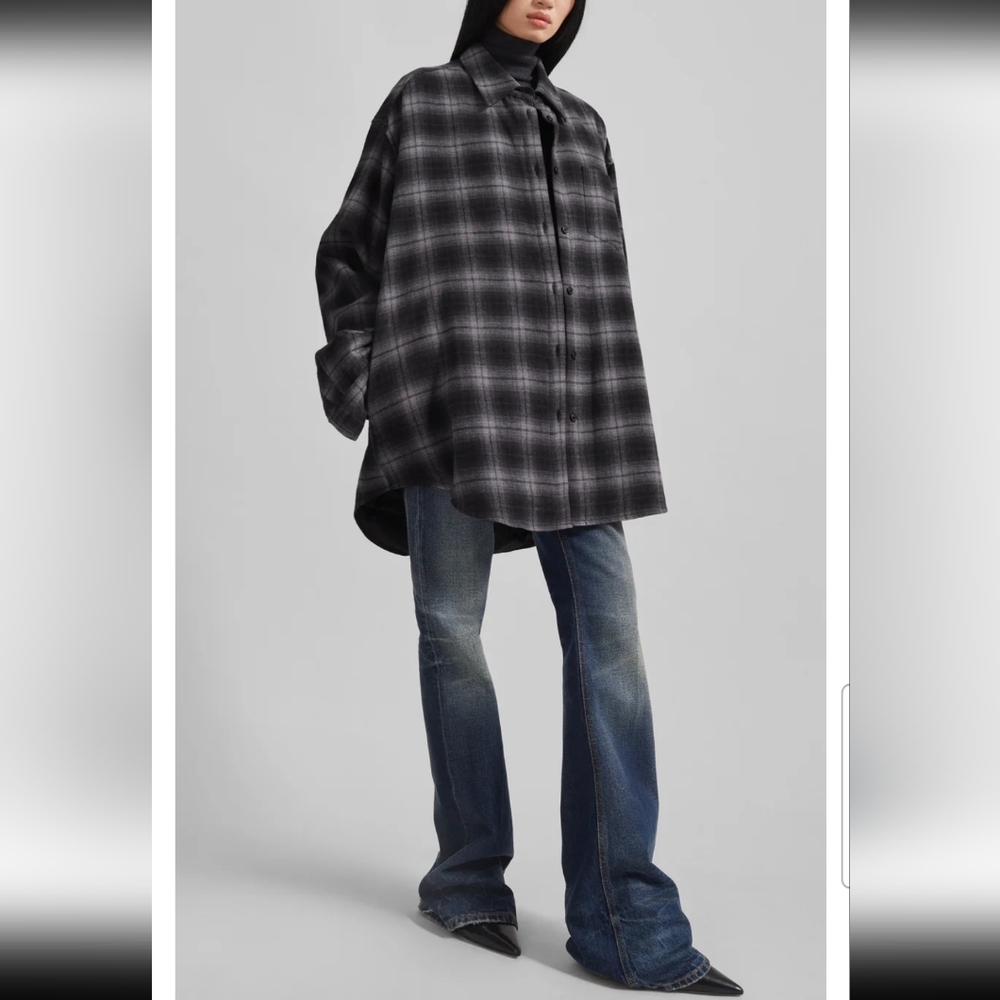The Frankie Shop Helka Plaid Flannel Quilted Shirt Jacket - Charcoal Grey